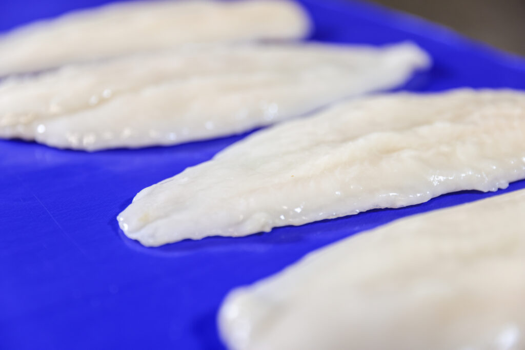 Fresh fish fillets on a blue conveyor belt within an industrial fish processing line.