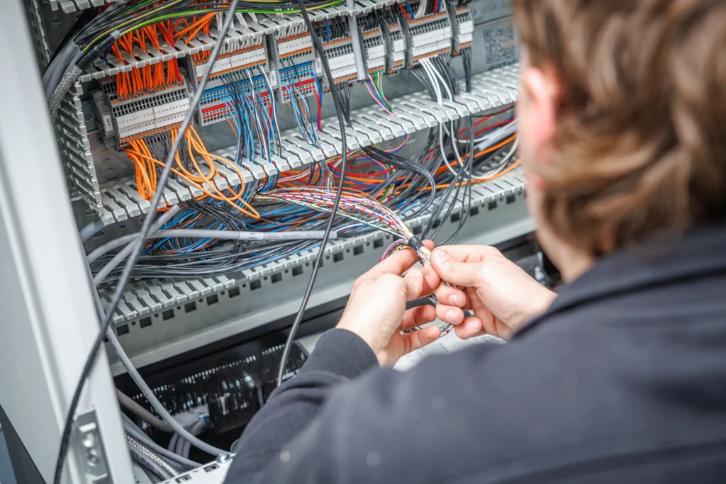 Sismatec service engineer wiring an electrical control cabinet for an industrial food processing and packaging machine.