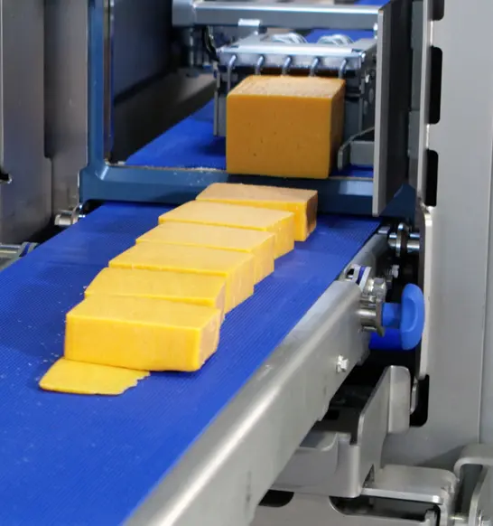 Block of cheese automatically cut into uniform slices on a conveyor belt within an industrial cheese processing line.