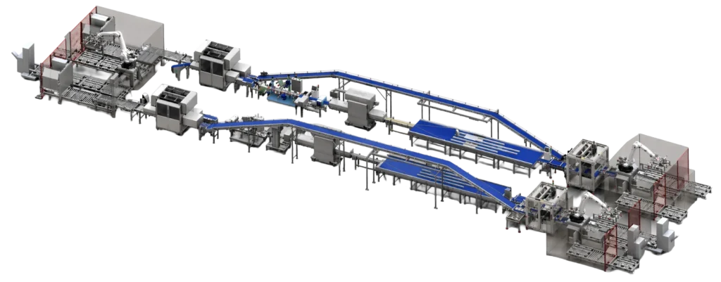 Complete automated food processing and packaging line with conveyors and robotic handling systems